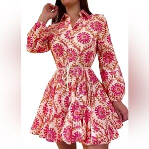 Zara Pink Orange Printed Mini Dress Size M 100% Cotton Flare Shirt Dress EUC
